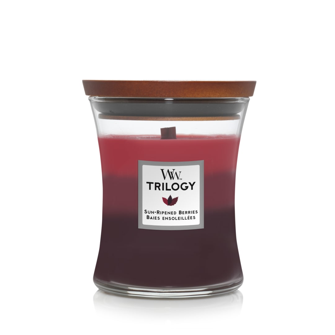 WoodWick Trilogy vela perfumada mediana en forma de reloj de arena con Pluswick Innovation | Bayas maduras