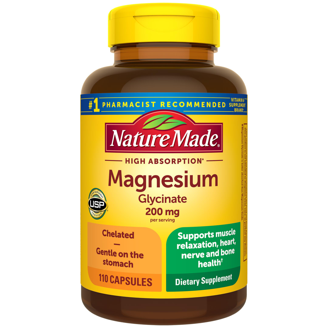 Nature Made Magnesium Glycinate 200 mg per serving, Magnesium Supplement for Muscle, Heart, Nerve and Bone Support, 110 Magnesium Bisglycinate Capsules, 55 Day Supply