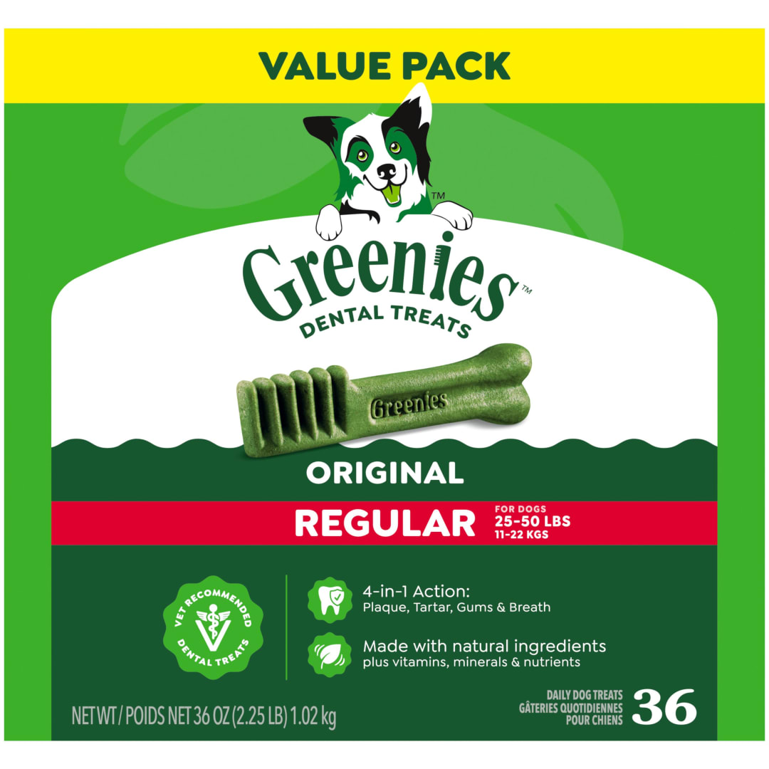 GREENIES Original Regular Natural Dog Dental Care Chews Oral Health Dog Treats, 36 oz. Pack (36 Treats)
