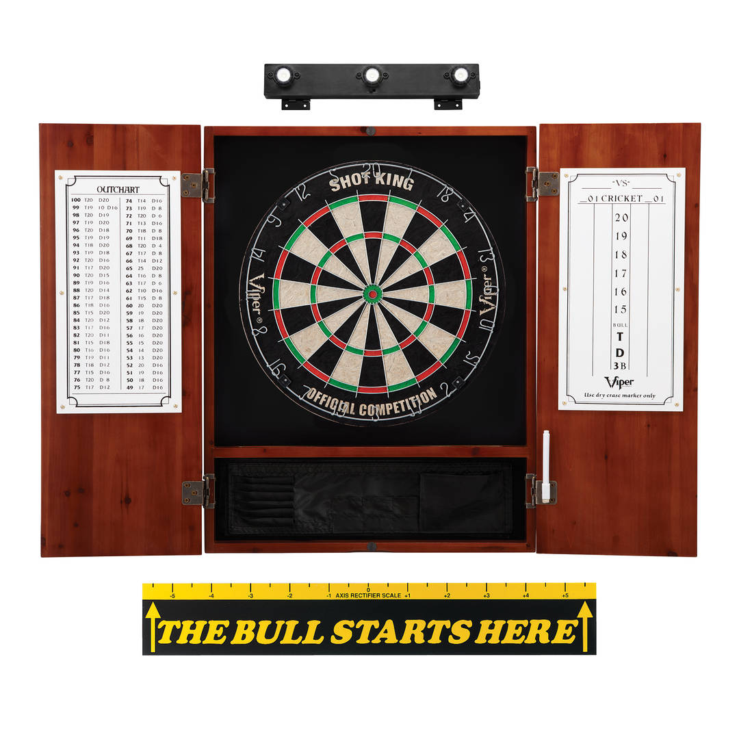 Viper Shot King Sisal Dartboard, Metropolitan Cinnamon Cabinet, Shadow Buster Dartboard Lights & "The Bull Starts Here" Throw Line Marker