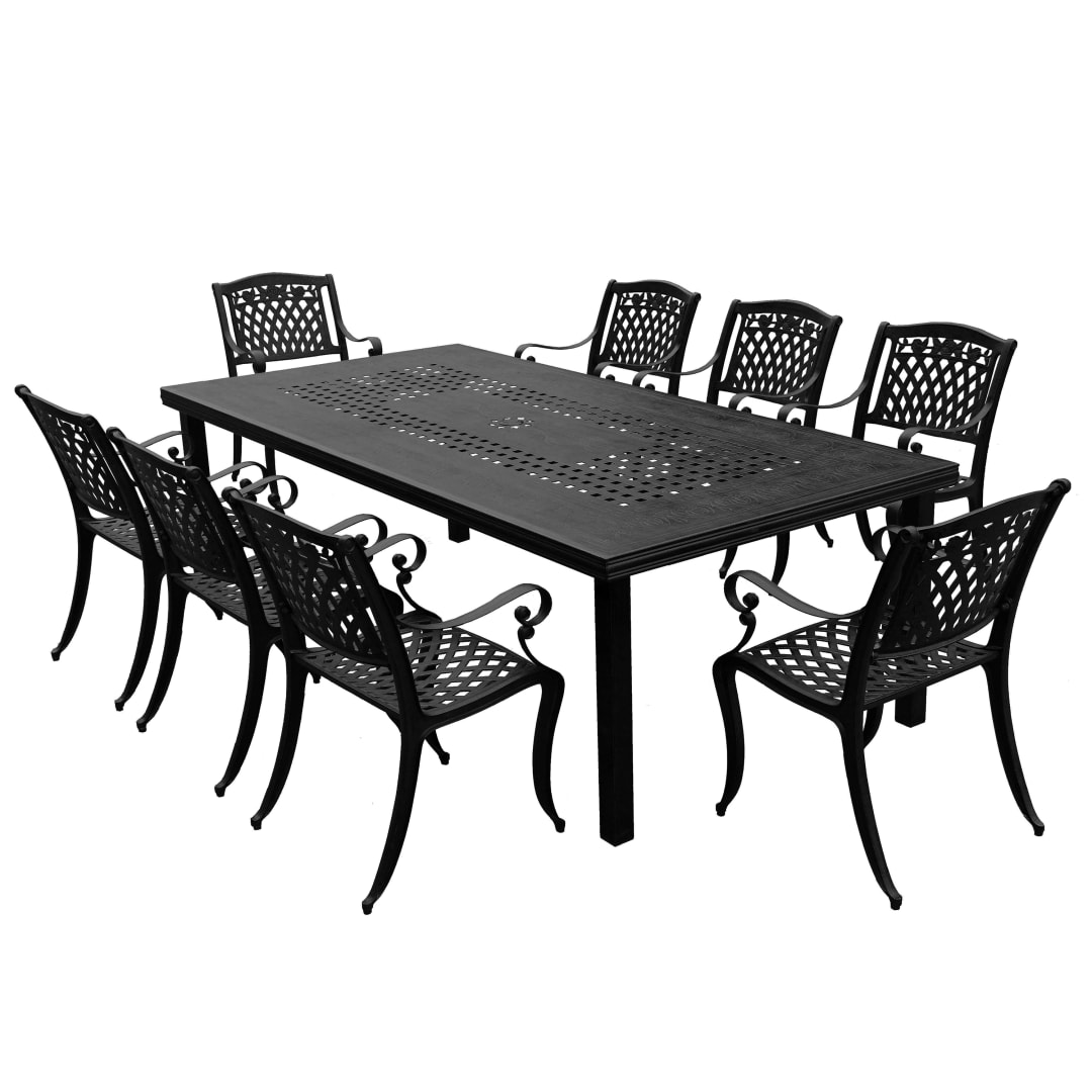 Modern Outdoor Mesh Lattice Aluminum 95-in Black Large Rectangular Patio Dining Set with Eight Arm Chairs
