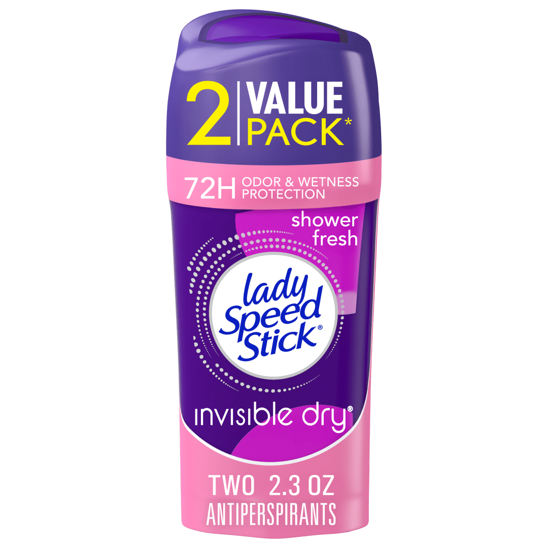 Lady Speed Stick Antiperspirant Deodorant for Women, 72 HR Sweat & Odor Protection, Invisible Dry, Shower Fresh Scent, 2.3 oz Stick (2 Pack)