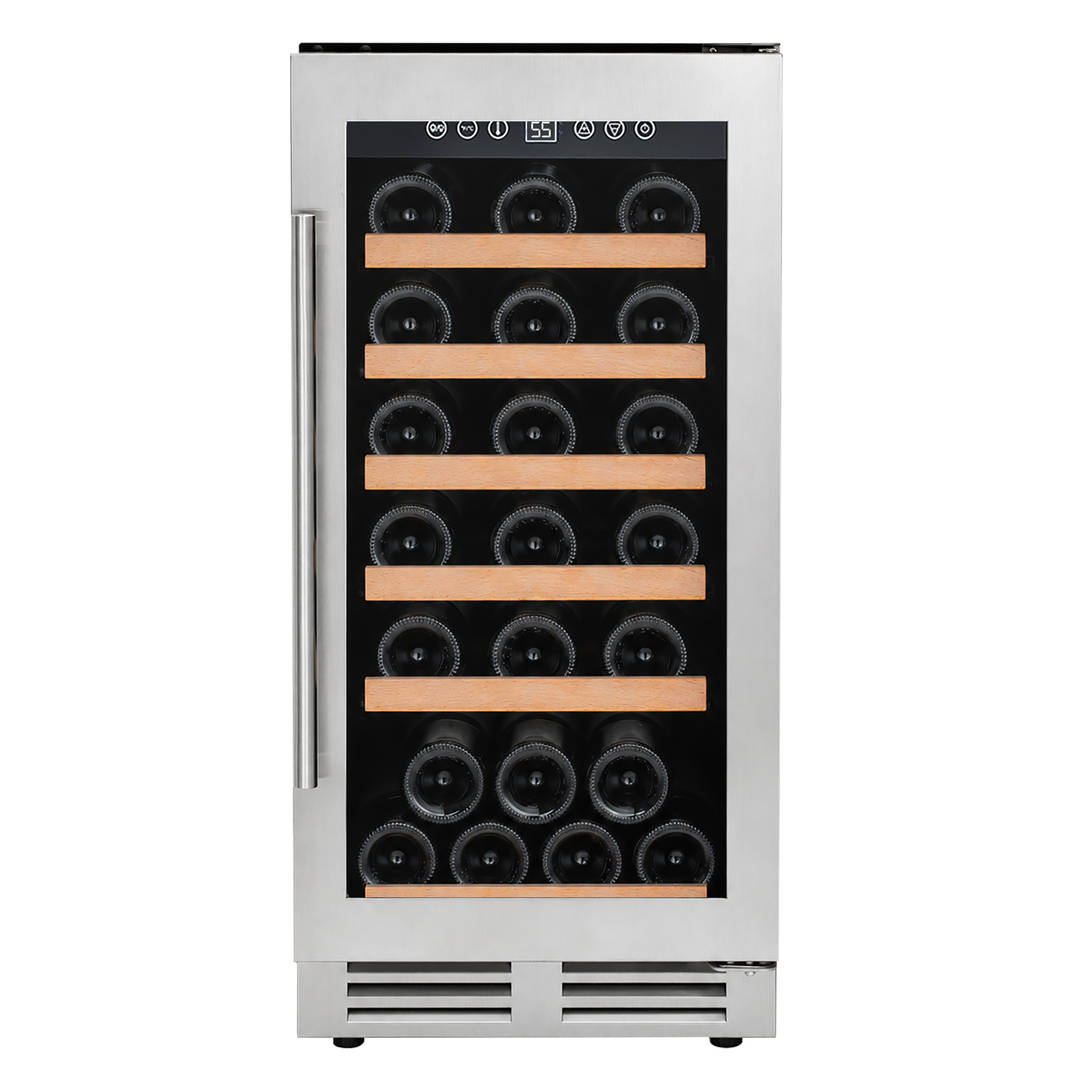 Avanti DESIGNER Series Wine Cooler, 28 Bottle Capacity, Stainless Steel and Wood Shelving, Compact Under Counter Design (WCF281E3SS)