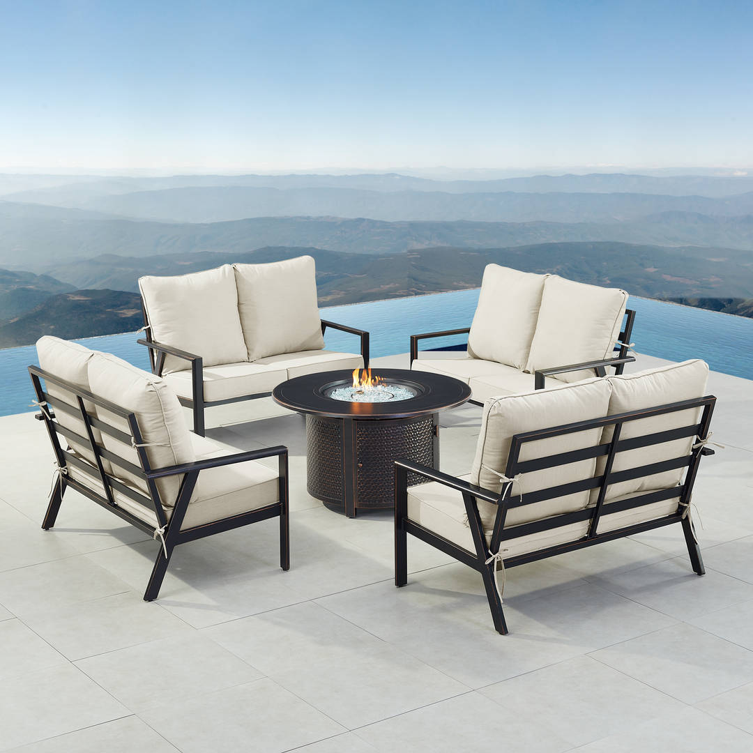 Black Aluminum Patio Fire Table Set with Four Deep Seating Loveseats with Cushions