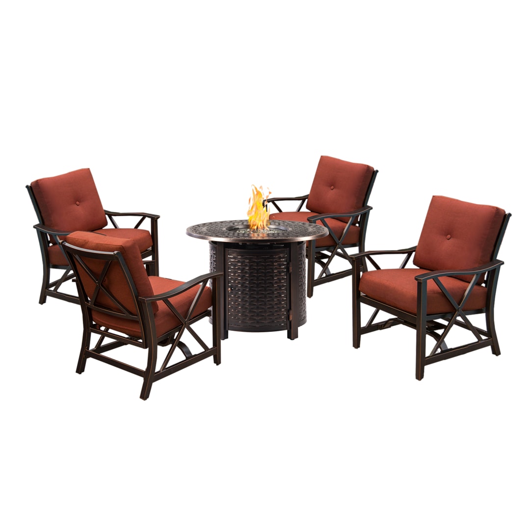 Aluminum 34-in Round Antique Copper Fire Table Set with Four Deep Seating Rocking Chairs, Fire Beads, Lid, Propane Tank Cover and Table Fabric Covers