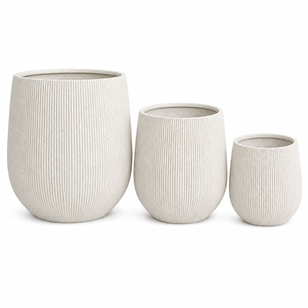 Set of 3 Fluted Round Polystone Indoor/Outdoor Planters, White