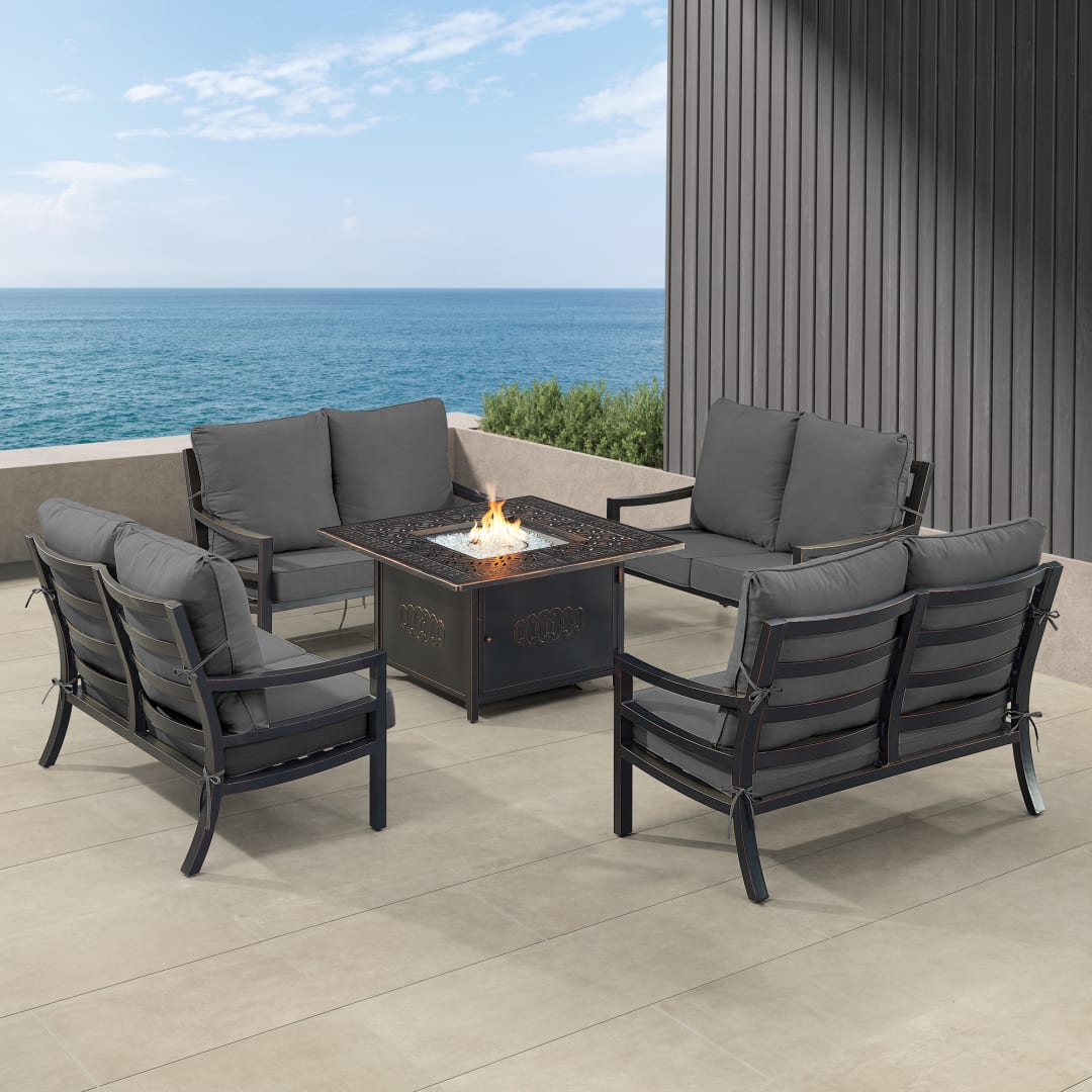 Black Aluminum Patio Fire Table Set with Four Deep Seating Loveseat with Cushions