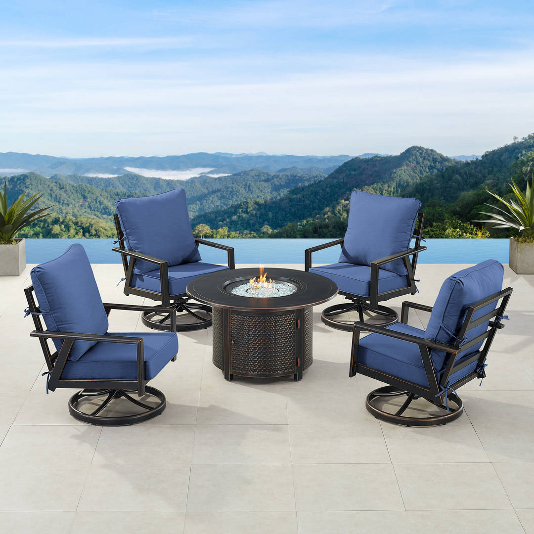 Black Aluminum Patio Fire Table Set with Four Club Chairs