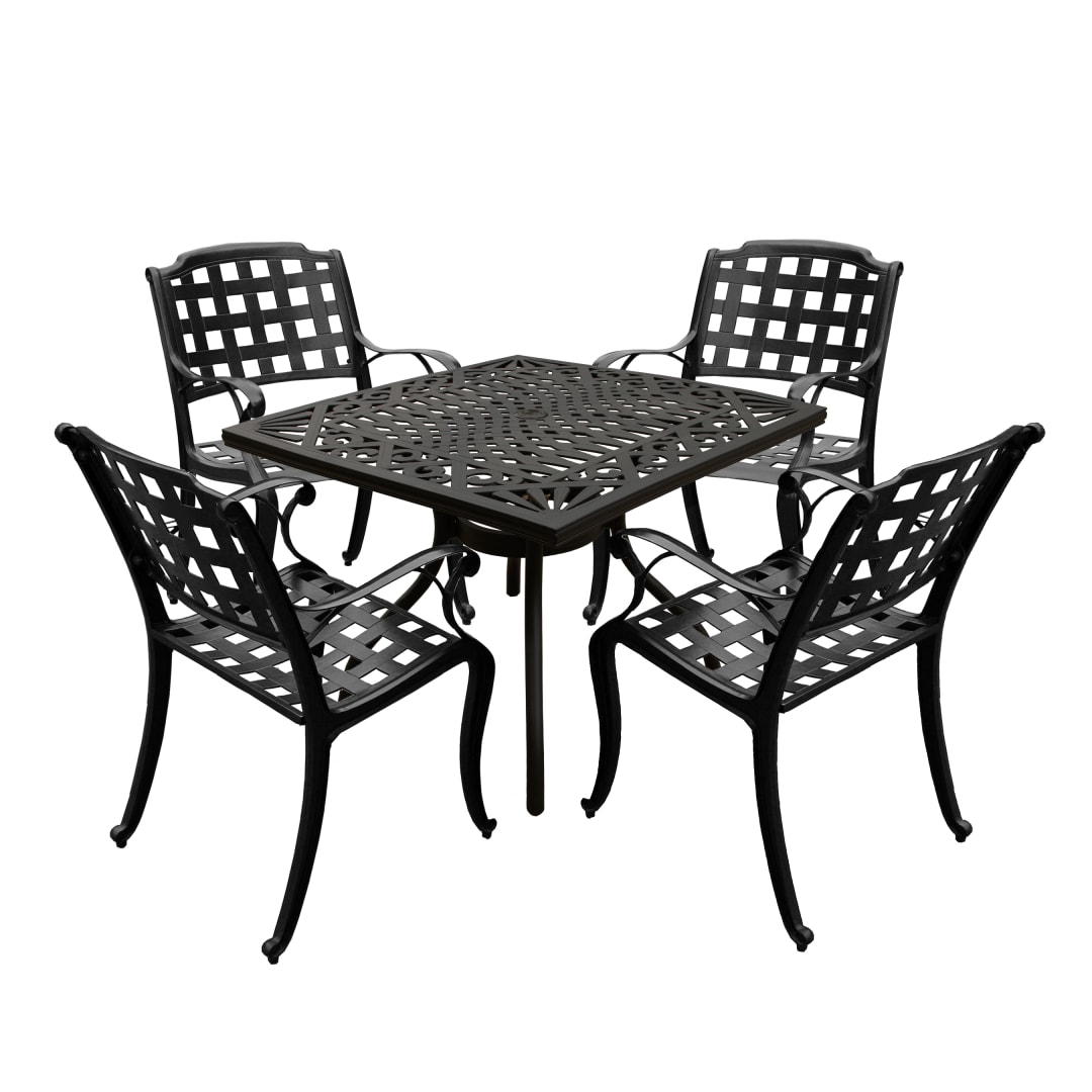 Modern Ornate Outdoor Mesh Aluminum 37-in Black Square Patio Dining Set with Four Chairs