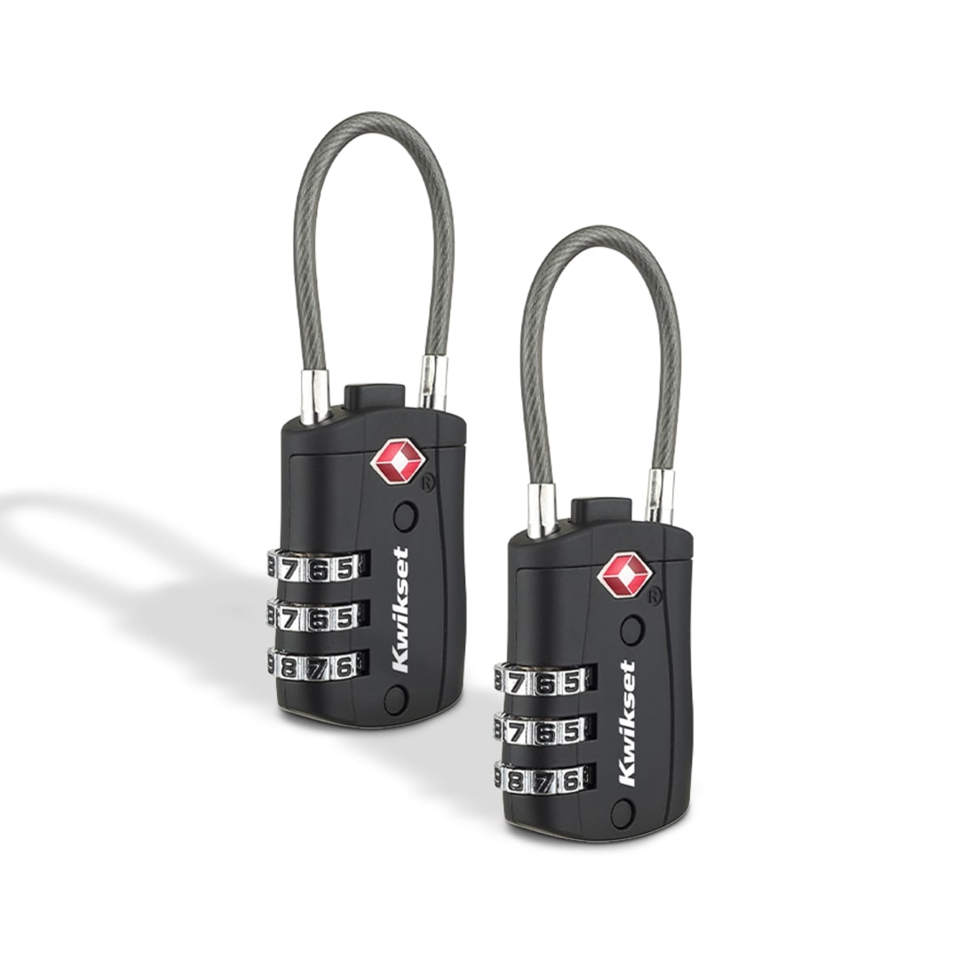 Kwikset TSA Approved Combination Luggage Lock with Cable, 3-Digit, 1-3/16 in Body, 2 Pack, Black