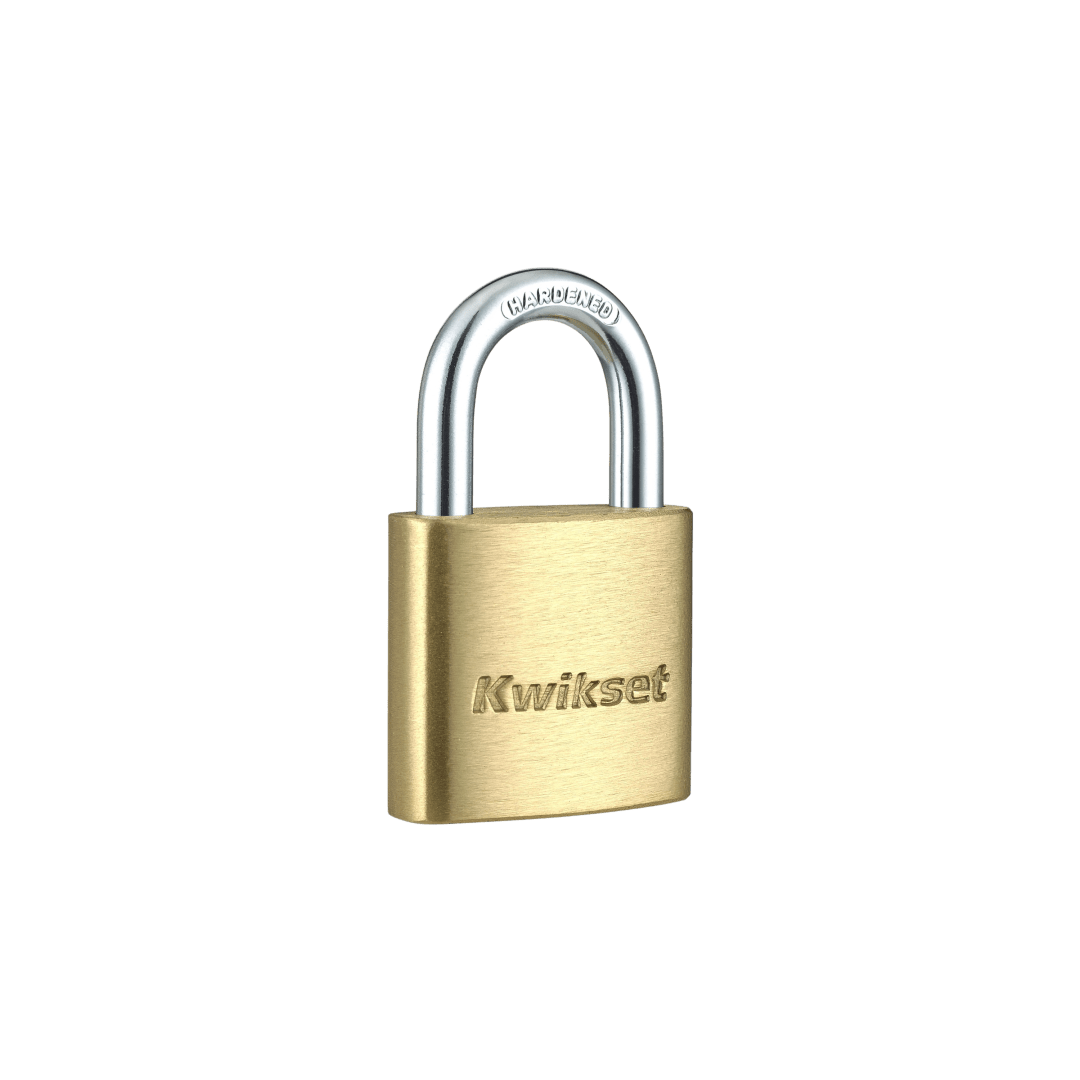Kwikset Brass Padlock with Hardened Steel Shackle, 1-3/16 in Body, 5/8 in Shackle, 1 Pack