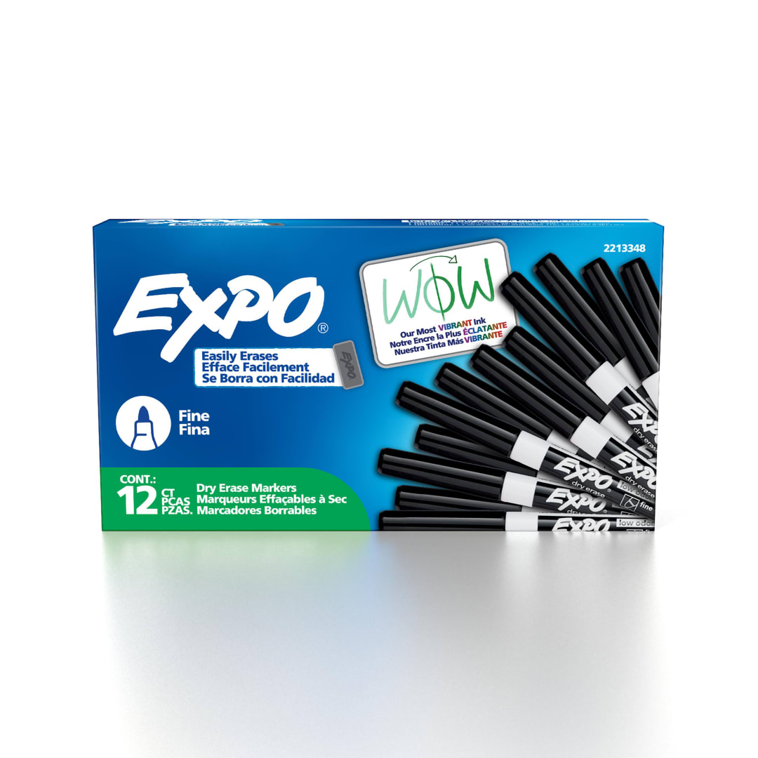 EXPO Magnetic Dry Erase Markers with Eraser, Black, Fine Tip, 12 Count