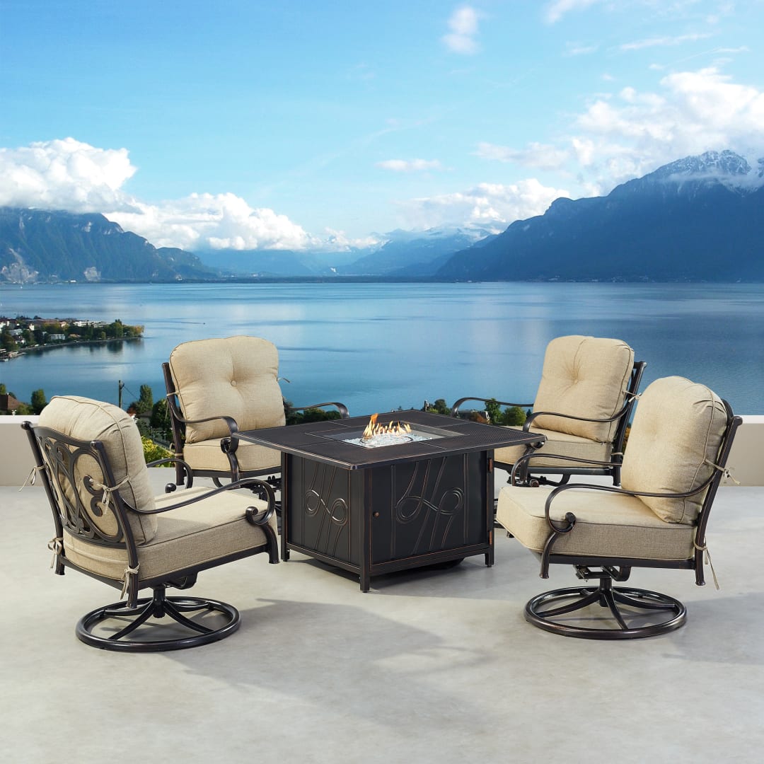 Black Aluminum Patio Fire Table Set with Four Club Chairs