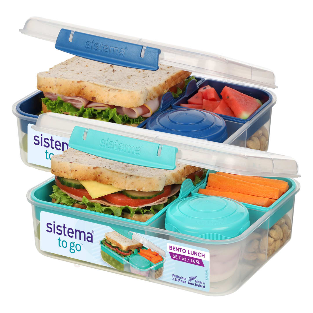 Sistema TO GO Fiambrera Bento | 1,25 L | Fiambreras escolares con compartimentos y recipientes para aperitivos | 2 unidades | Verde menta y azul océano