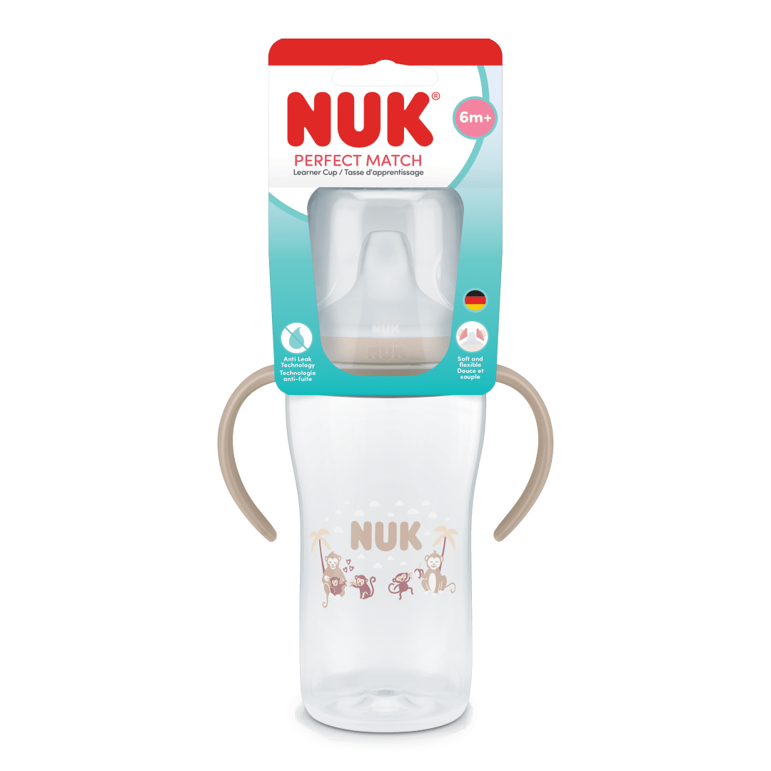 NUK Perfect Match Learner Cup, 6+ Months, 260 ml, Leak Proof Sippy Cup Toddler Bottle, Anti-Slip Handles, Monkey, 1 Count