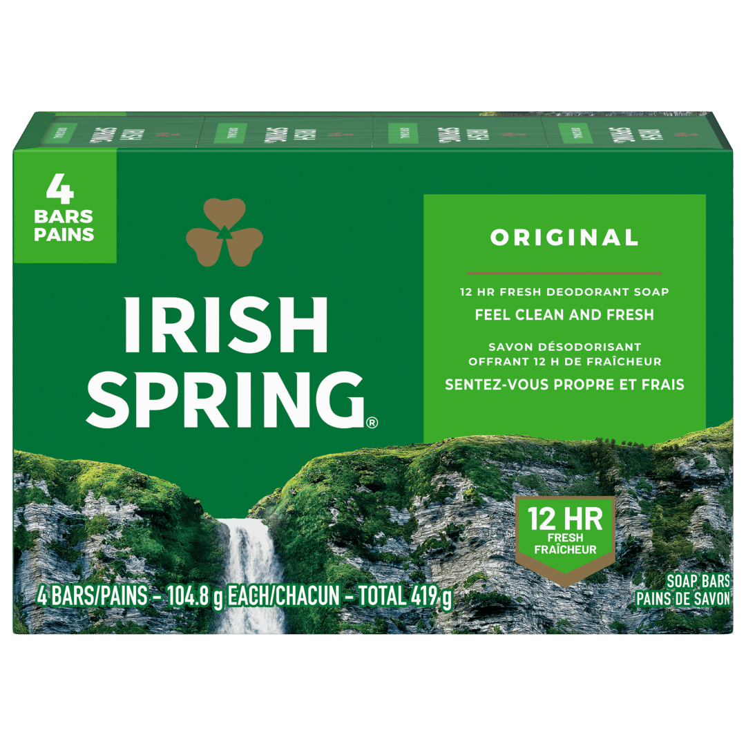 Pain de savon désodorisant Irish Spring Original pour homme, Avec huile de lin, Savon désodorisant offrant 12 heures de fraîcheur, Pain de 104,8 g (lot de 4)