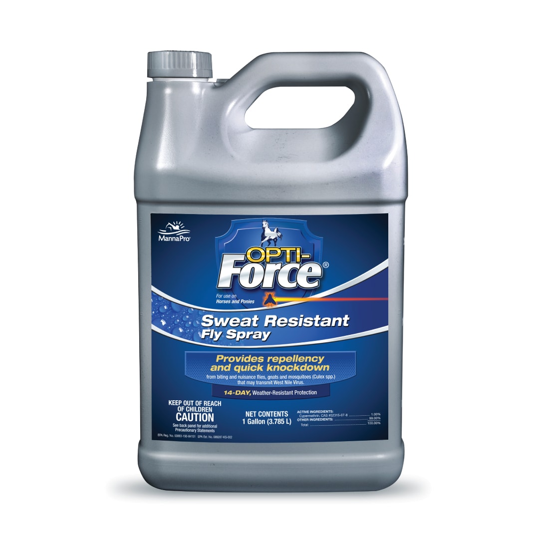 Manna Pro Opti-Force Fly Spray | Sweat Resistant Fly Repellent for Horses and Ponies | Provides Repellency and Quick Knockdown from Biting and Nuisance Flies | 1 Gallon