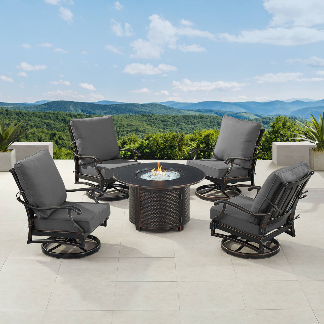 Black Aluminum Patio Fire Table Set with Four Club Chairs