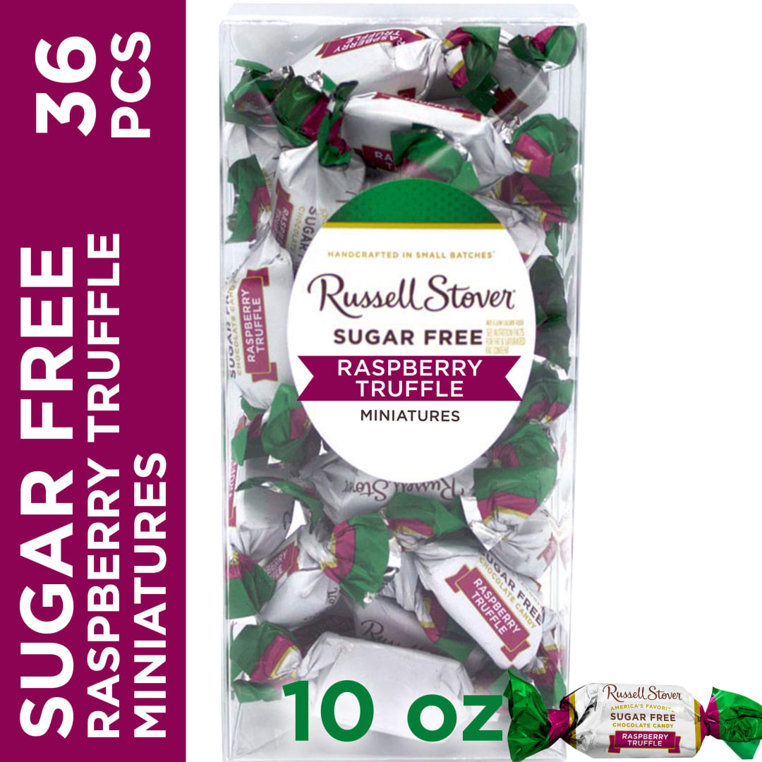 RUSSELL STOVER Sugar Free Dark Chocolate Raspberry Truffle Miniatures Candy, 10 oz. box (≈ 36 pieces)