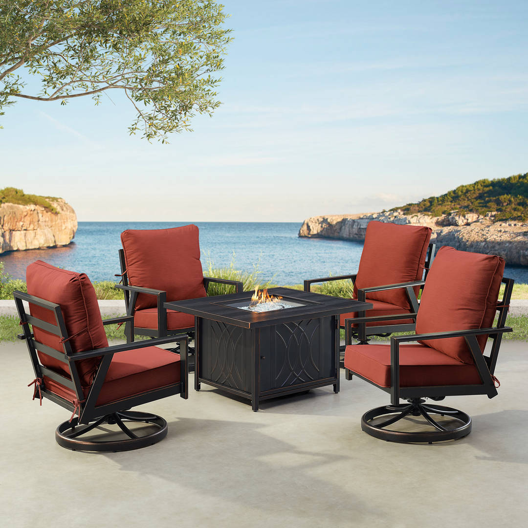 Black Aluminum Patio Fire Table Set with Four Club Chairs