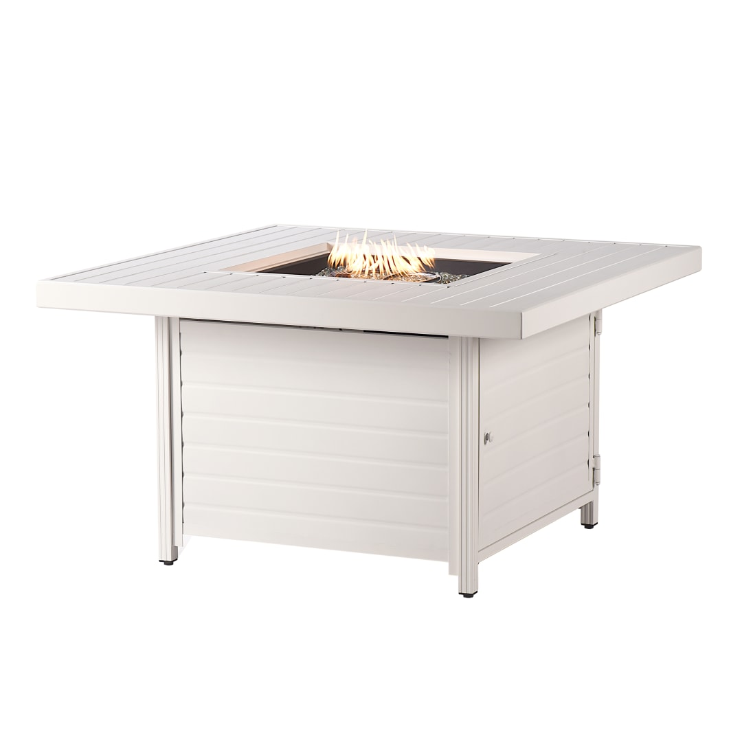 Square 42 in. x 42 in. Aluminum Propane Fire Pit Table with Glass Beads, Two Covers, Lid, 55,000 BTUs in White Finish
