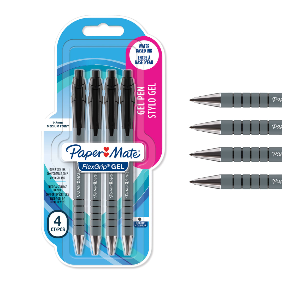 Paper Mate FlexGrip bolígrafos de gel | 0,7 mm | Tinta negra | 4 unidades
