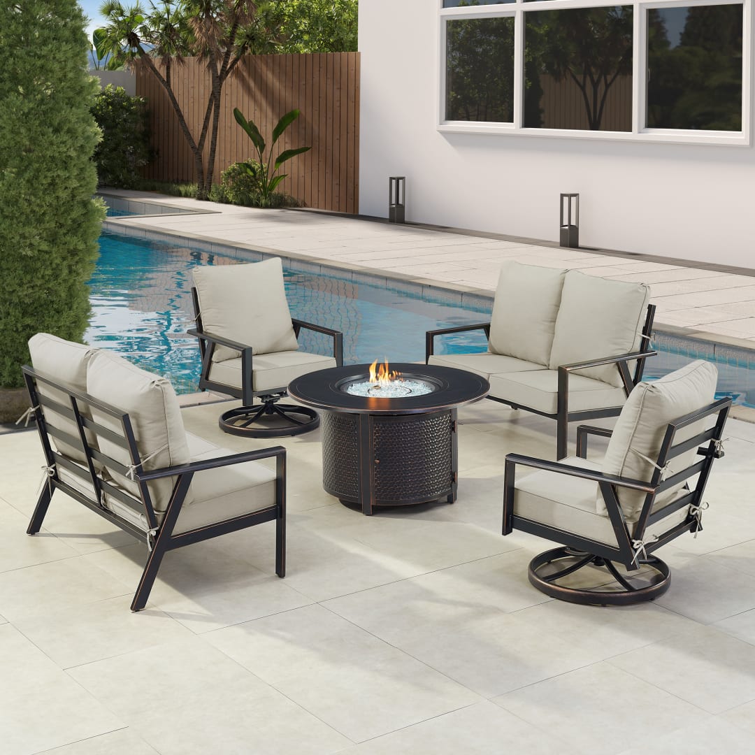 Black Aluminum Patio Fire Table Set with Two Deep Seating Loveseat with Cushions and Two Club Chairs