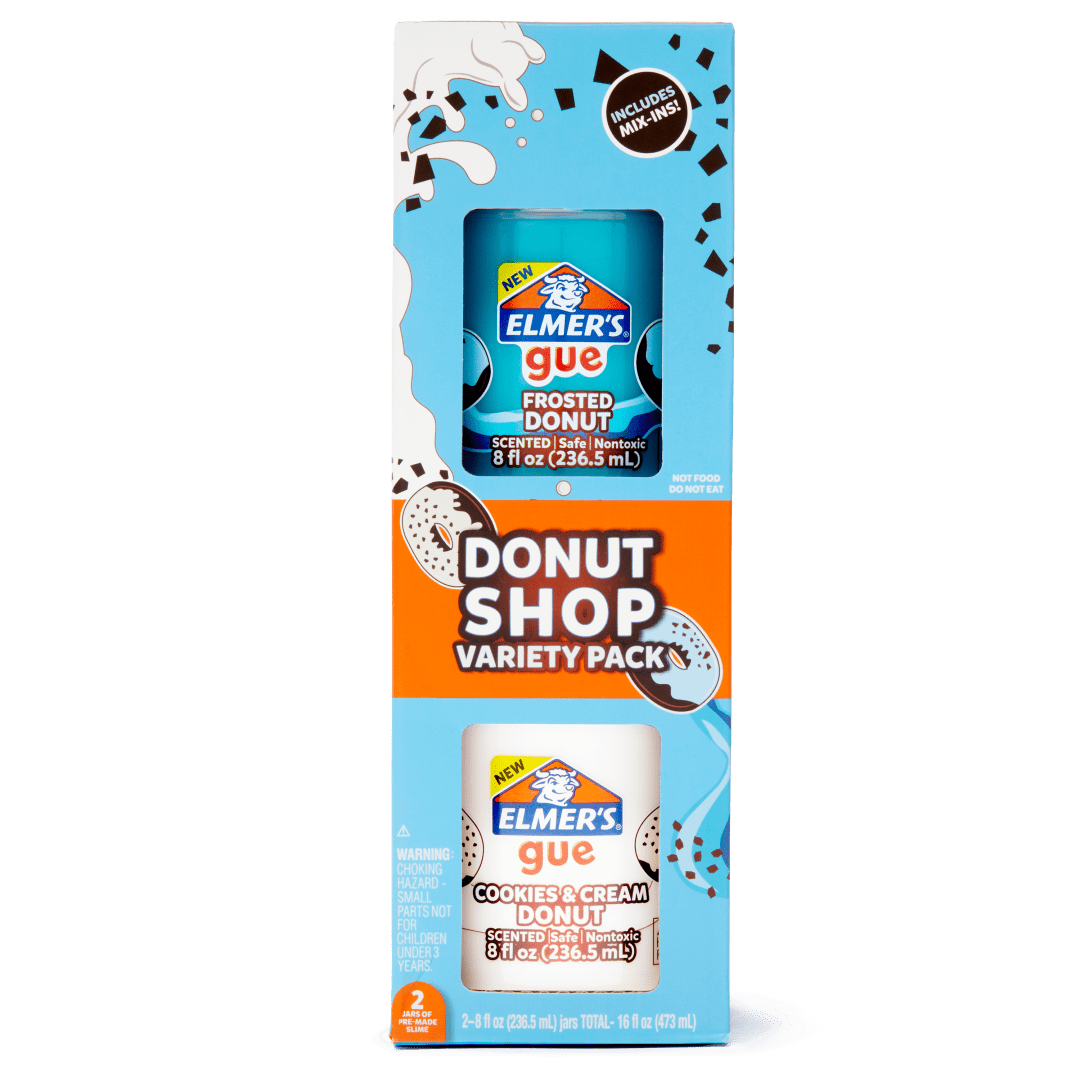 Elmer’s Gue Premade Slime, Donut Shop Variety Pack, Scented, Includes Fluffy Slime, Glossy Blue Slime, and Slime Add-Ins, 2 Count