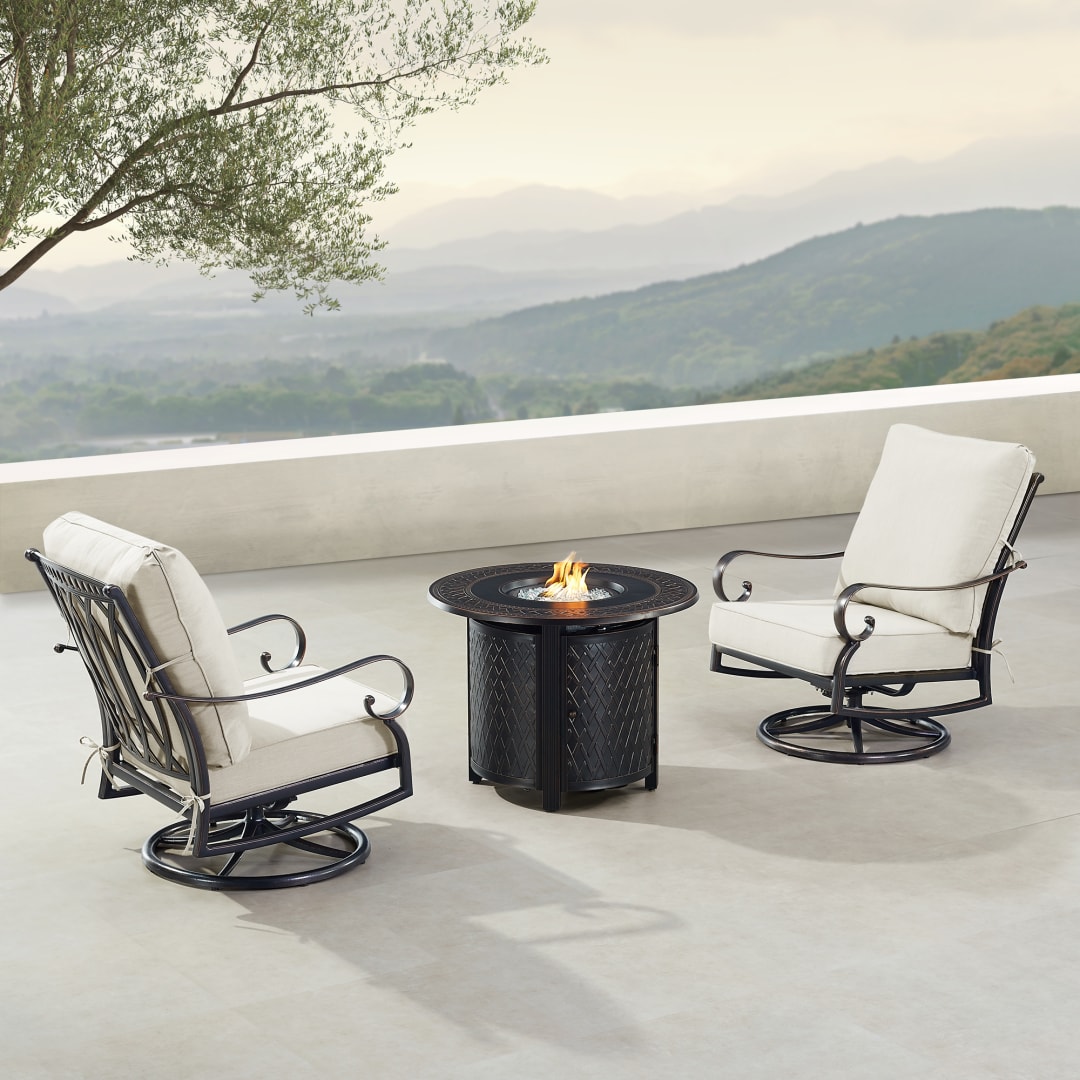 Black Aluminum Patio Fire Table Bistro Set with Two Club Chairs
