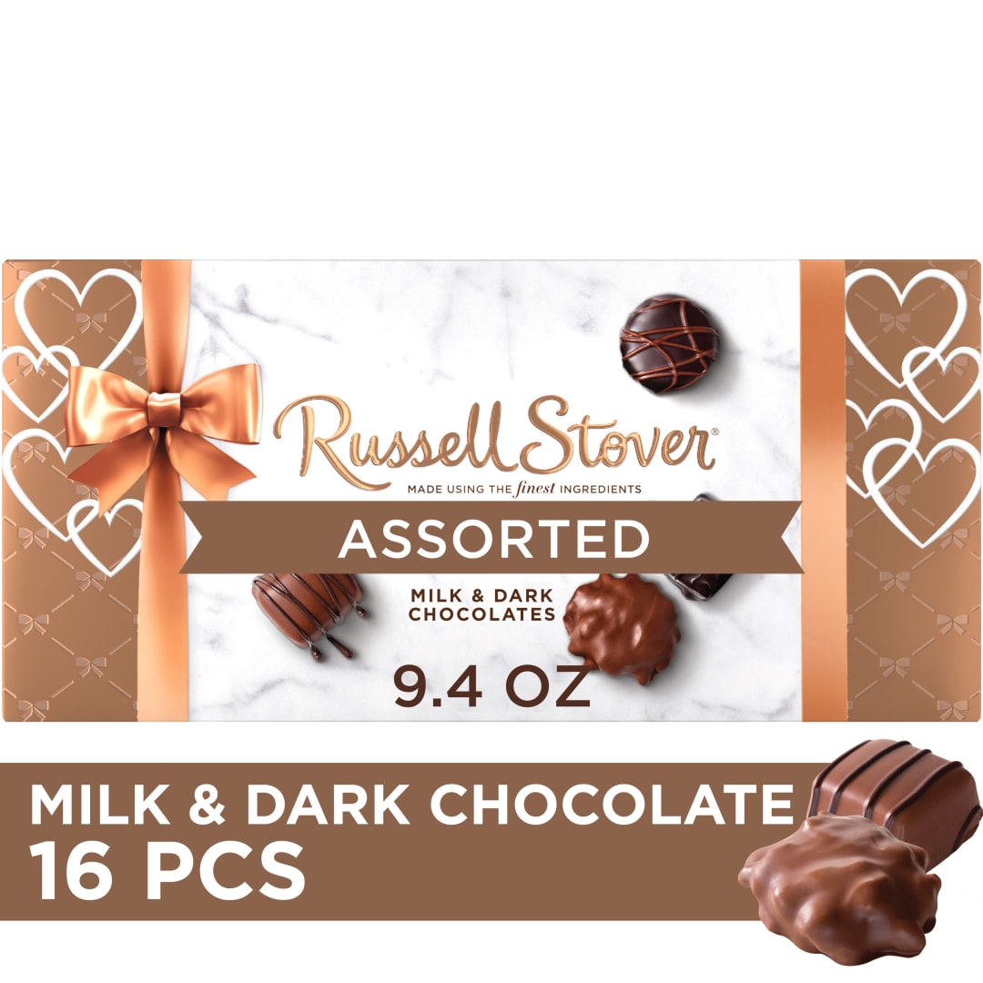 RUSSELL STOVER Valentine's Day Heart Assorted Milk &amp; Dark Chocolate Candy Gift Box, 9.4 oz.