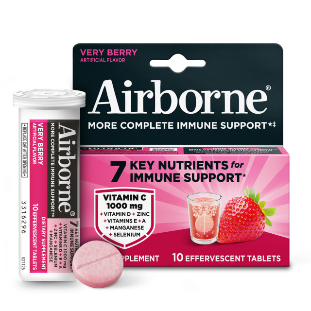 Airborne Immununterstützende Brausetabletten, Very Berry Geschmack – 10 Stück mit 1000mg Vitamin C + Vitamine A, D, E, Zink, Selen, Mangan & Kräutermischung – Zuckerfrei, Glutenfrei