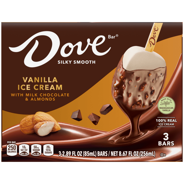 DOVE Vanilla Ice Cream Bars with Milk Chocolate and Almonds, Individually Wrapped Ice Cream Bar, 3 Pack, 2.89 Oz Bars