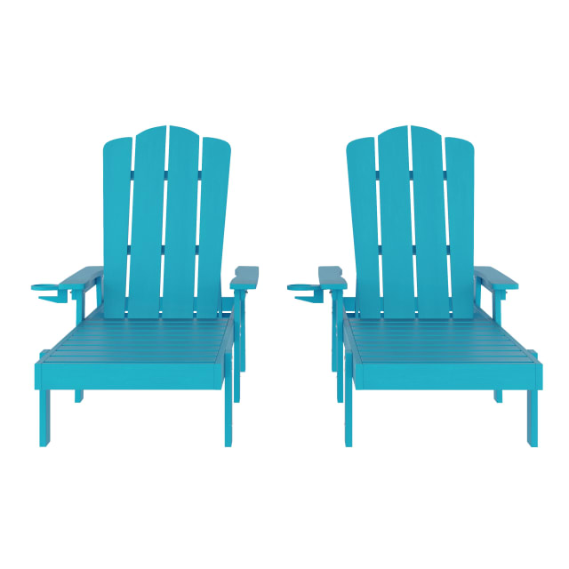 Sonora Set of 2 Commercial Grade Adjustable Adirondack Loungers with Cup Holder, All-Weather Indoor/Outdoor Recycled HDPE Lounge Chair in Blue
