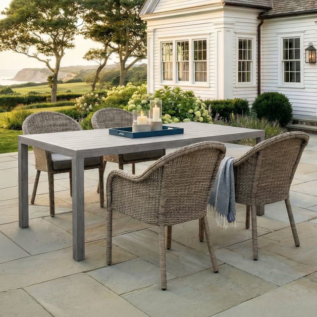 Bedford 5 Piece Patio Set, 4 Stacking Weathered Gray Rattan Wicker Chairs, Gray Cushions, 62 Inch Rectangular Gray Brushed Woodgrain Aluminum Table