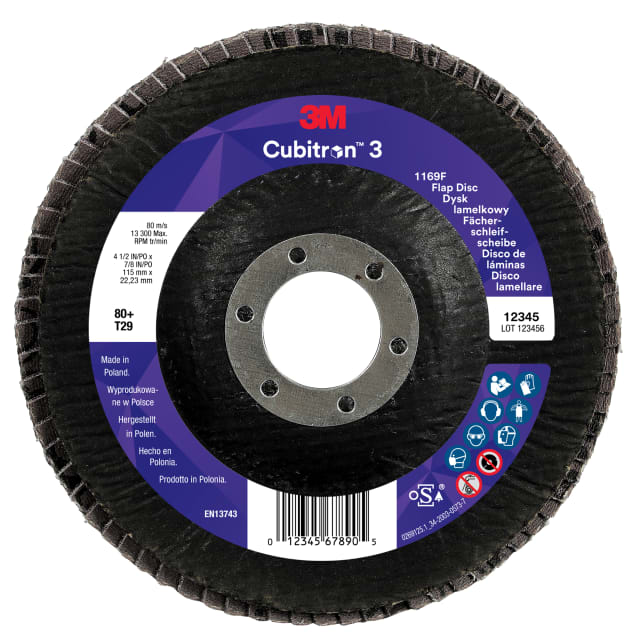 3M™ Cubitron™ 3 Fächerschleifscheibe 1169F, 80+, T29-Konisch, 115 mm x 22,23 mm, 10/Pack, 100 Stück/Packung