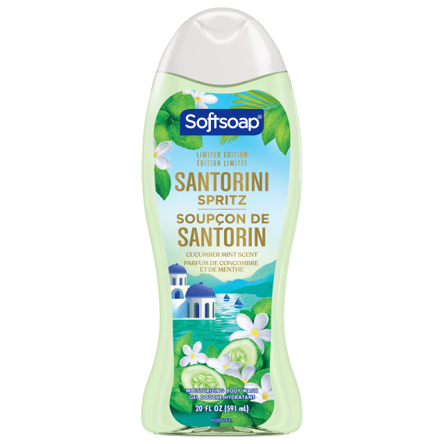 Gel douche hydratant Santorini Spritz en édition limitée de Softsoap, pH équilibré, sans parabène, nettoyant pour le corps et gel douche, parfum Concombre et Menthe, flacon de 591 ml