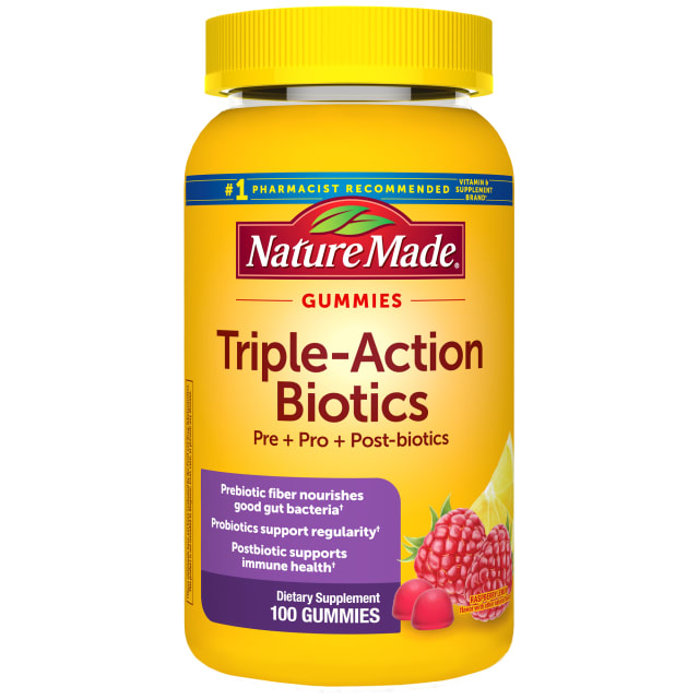 Nature Made Triple-Action Biotics, Pre + Post + Probiotics Gummies - Raspberry Lemon Flavor - 100ct