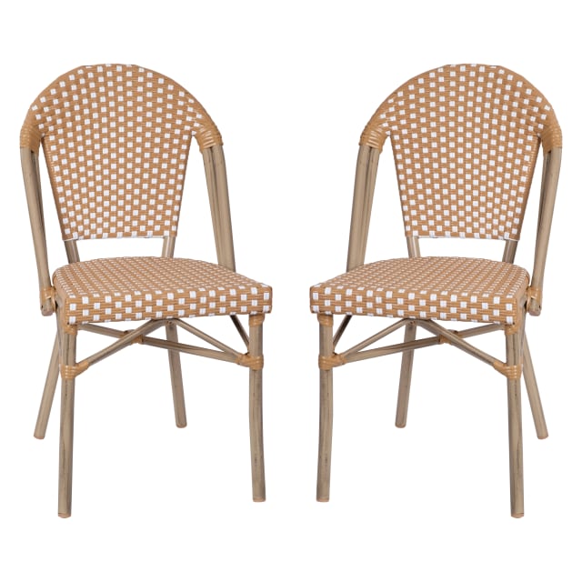 Lourdes Set of 2 Indoor/Outdoor Commercial Bistro Stack Chairs, Natural/White PE Rattan Back & Seat, Bamboo Print Light Natural Aluminum Frame