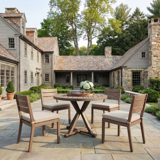 Bedford 5 Piece Aluminum Patio Set, 4 Stackable Dining Chairs with Cream Cushions, 36" Round Trestle Base Table, Brown Brushed Woodgrain Finish