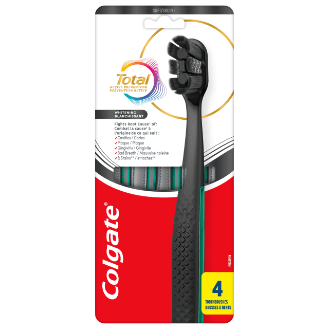 Brosse à dents blanchissante souple Colgate Total, Noir, lot de 4