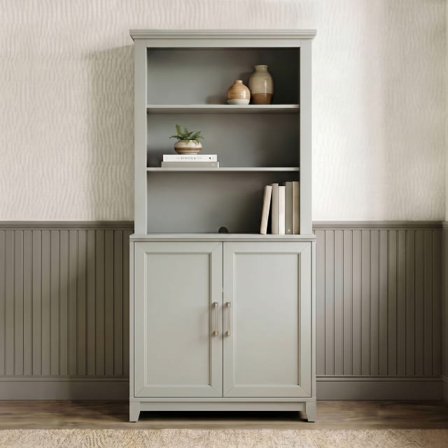 Bedford 2-Piece Modular Shaker Cabinet and Hutch Set with Brushed Stainless Steel Hardware, Open Top Shelves, Soft-Close Doors, Bedford Gray