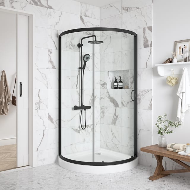 Breeze 35 in. L x 35 in. W x 77 in. H Round Corner Shower Kit Clear Sliding Door and Shower Base Pan (Walls not Included)