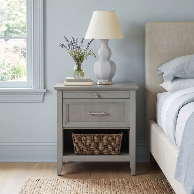 Bedford Set of 2 Shaker 1-Drawer Nightstands with Charging Stations, Pull-out Trays, Open Storage Shelves and Solid Wood Frames in Gray Woodgrain