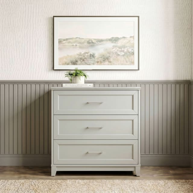Bedford Modular Shaker 3-Drawer Wooden Storage Media Cabinet with Brushed Stainless Steel Hardware, Solid Wood Frame and Legs, Bedford Gray