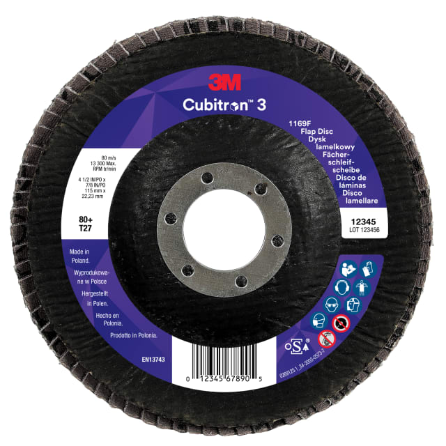 3M™ Cubitron™ 3 Fächerschleifscheibe 1169F, 80+, T27-Flach, 115 mm x 22,23 mm, 10/Pack, 100 Stück/Packung