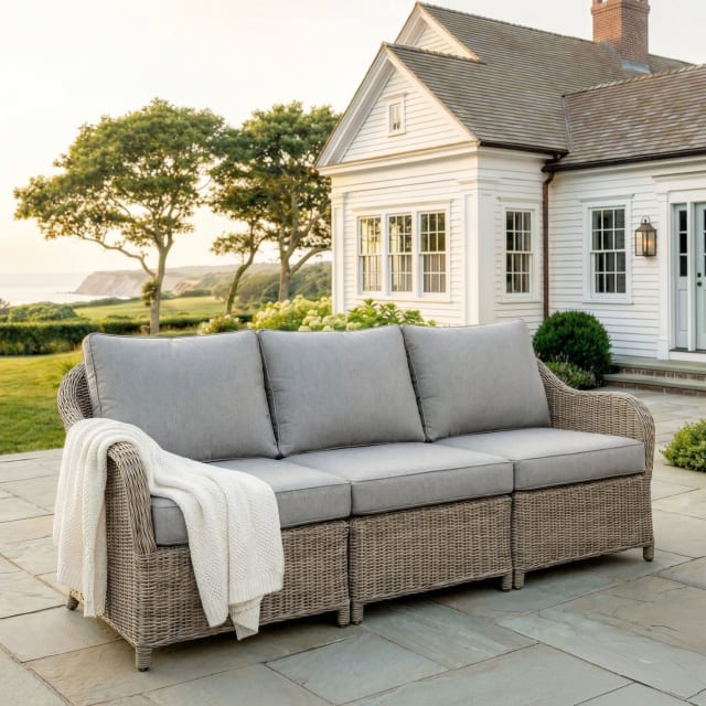 Lily Pond Indoor-Outdoor 3-Seat Modular Patio Sofa in Weathered Gray Rattan Wicker with Gray All-Weather Cushions