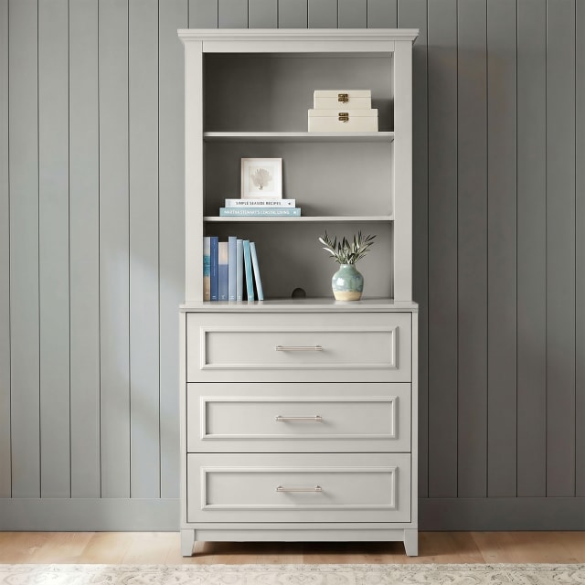 Lily Pond 2-Piece Modular Cabinet with Drawers and Hutch, Brushed Stainless Steel Hardware, Open Top Shelves, Preassembled Drawer Glides, Sharkey Gray