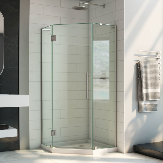 DreamLine Prism Plus 42 inch D x 42 inch W x 74 3/4 inch H Frameless Neo-Angle Hinged Shower Enclosure in Brushed Nickel with White Shower Base Kit