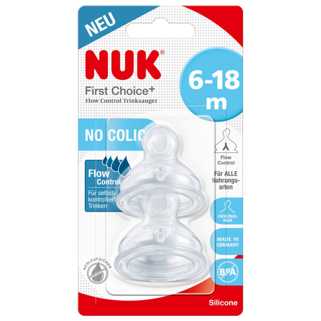 NUK First Choice+ Teats for Baby Bottles | 6-18 Months | Flow Control | Anti-colic Vent | BPA-free | 2 Count