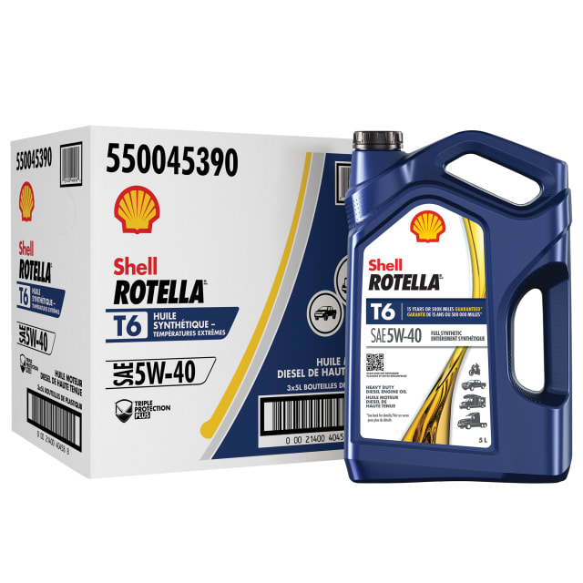 Huile moteur diesel Shell Rotella T6 100 % synthétique 5W-40, 5 litres (caisse de 3)
